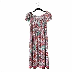 London Times Dress Women's Size 4 Multicolor Paisley Smocked Fit Flare Short Slv